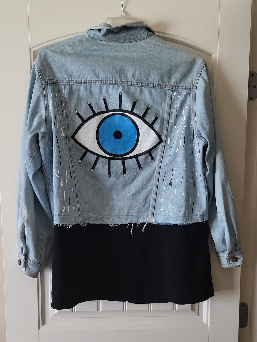 Custom Designed Light Blue Denim Jacket with Eye Graphic